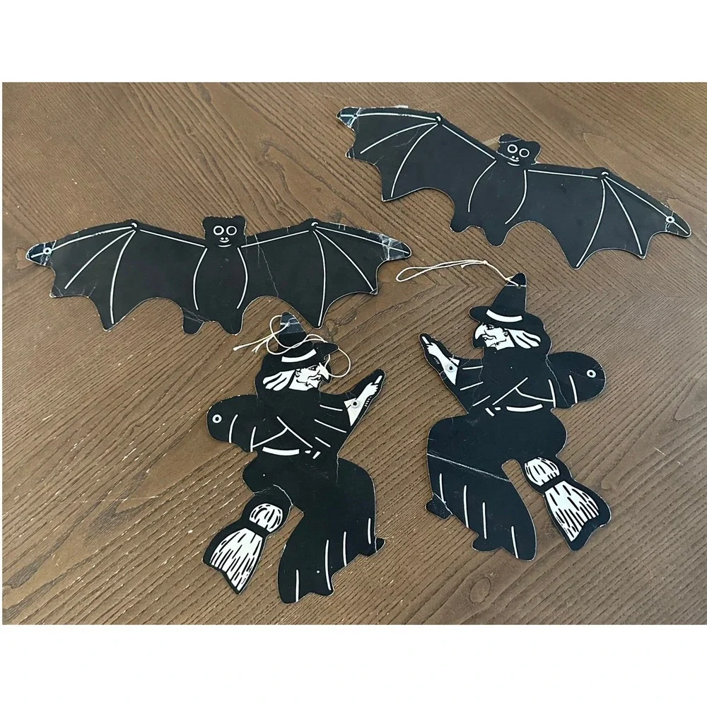 Vtg Japan Halloween Die Cut Decorations Set of 4 Black White Bats Witches Paper